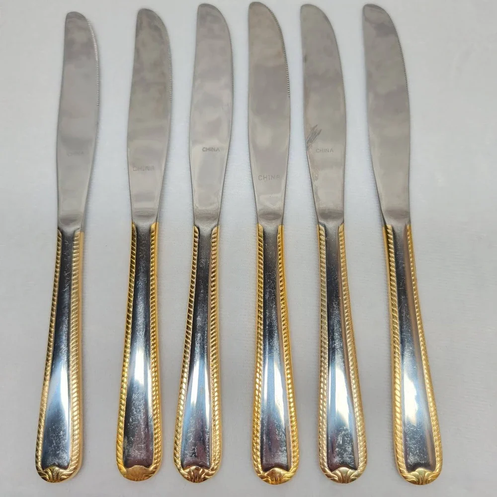 Set of 6 Stainless Steel Dinner Knives Gold Rope Trim Two Tone 9 Inch Flatware